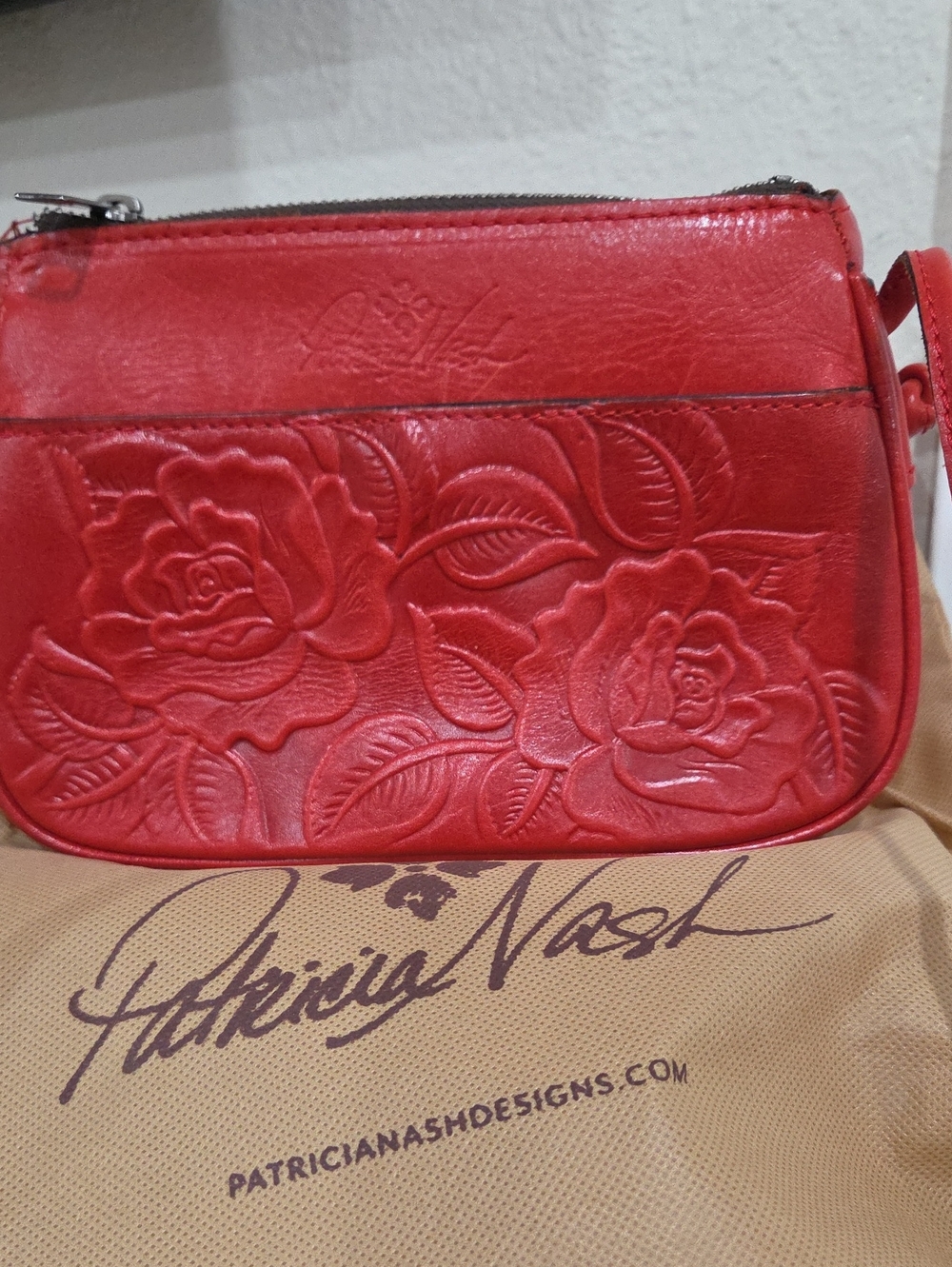 Patricia Nash Red Floral Embossed Leather Crossbody